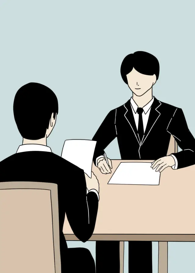 スーツを着た男性2人が対面で打ち合わせしているイラスト